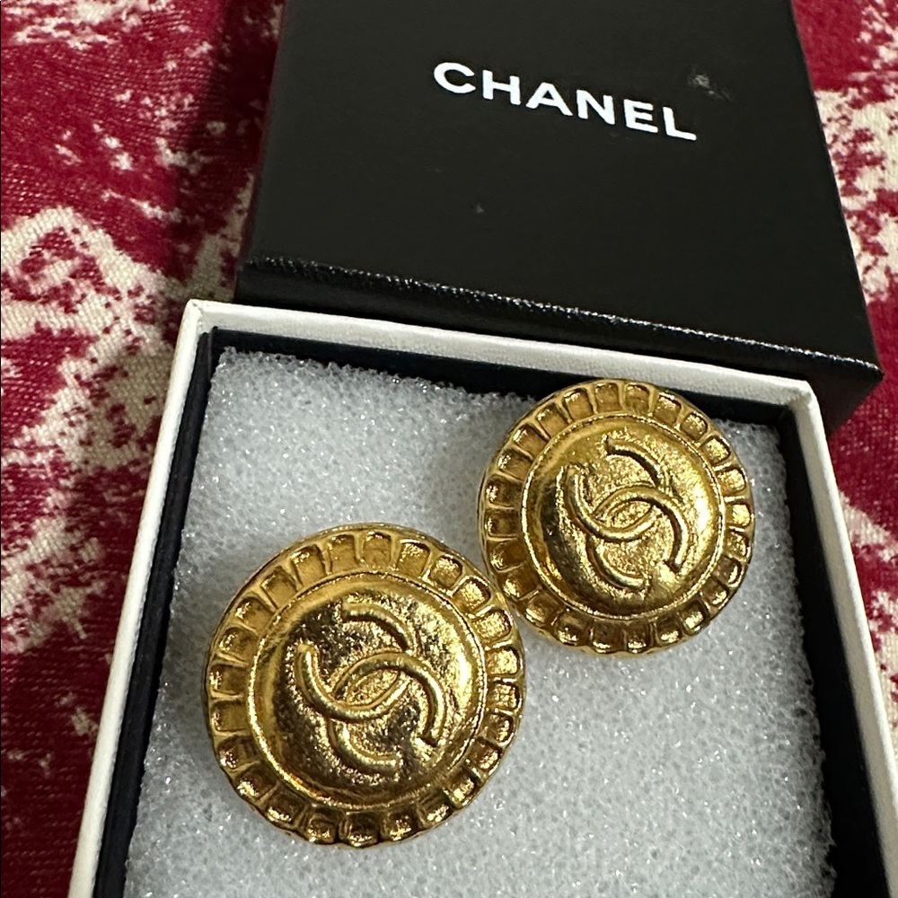 Chanel Gold-Tone Interlocking CC Button Earrings - Picture 2 of 10